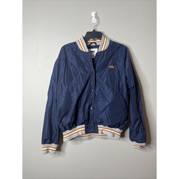 Nike Varsity Jacket Womens L Navy Blue Mesh Lined Vintage Big Center Logo - Picture 1 of 10